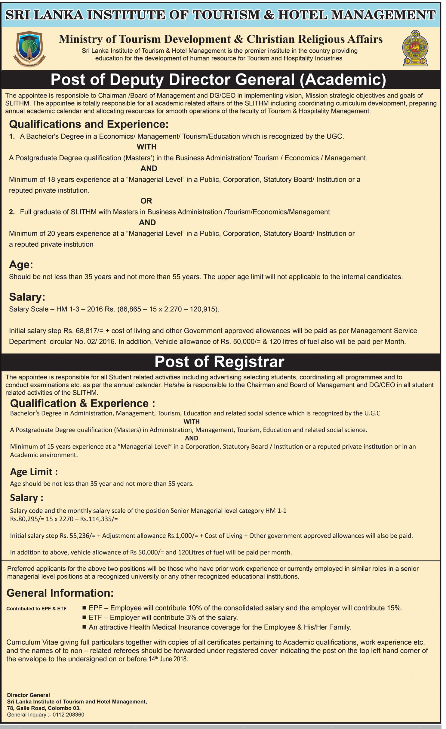 Deputy Director (Academic), Registrar - Sri Lanka Institute of Tourism & Hotel Management